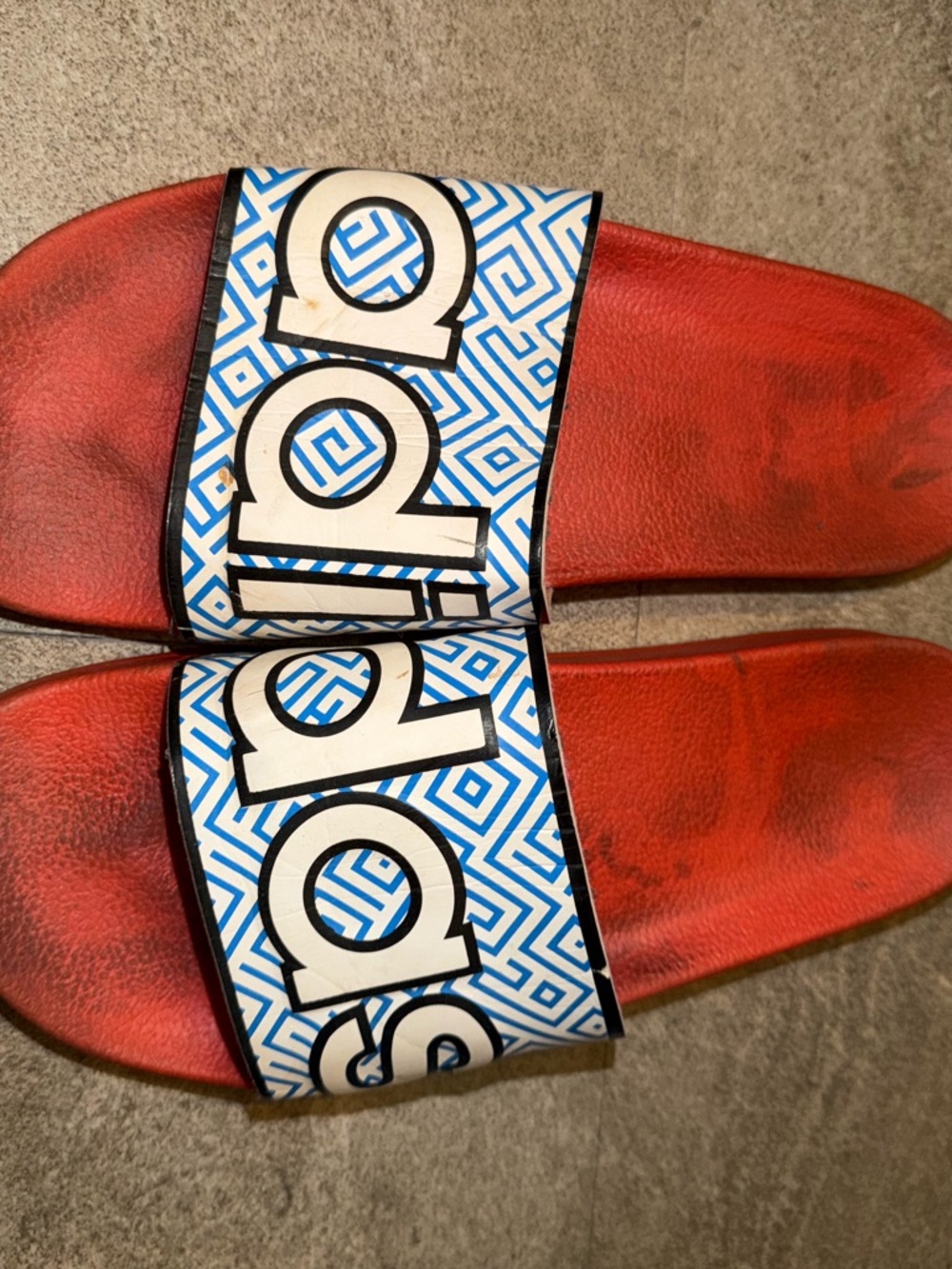 adidas Red Slide Sandals with Blue & White Geometric Strap